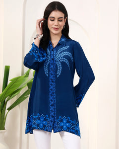 Blue Ikat Palm Printed Shirt