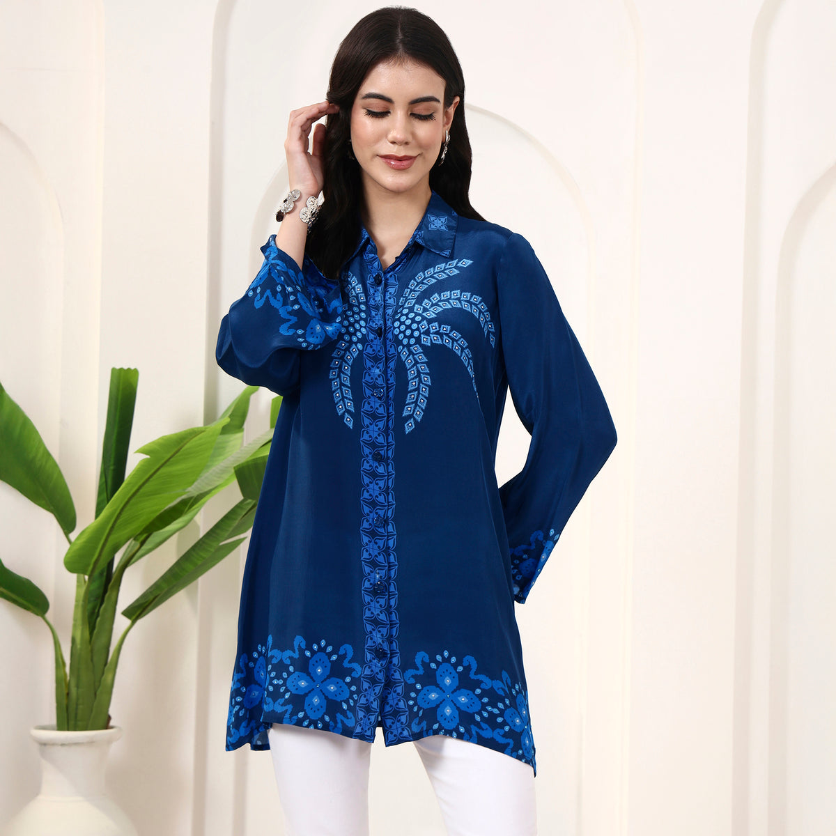 Blue Floral Print Shirt for Women – Viscose Crepe | First Resort by Ramola Bachchan