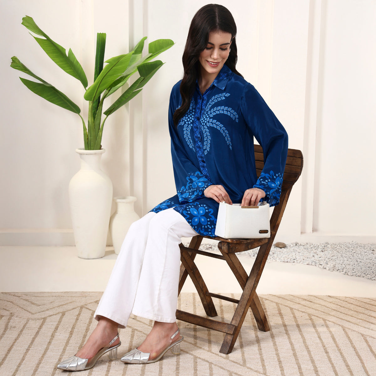 Blue Floral Print Shirt for Women – Viscose Crepe – Front View | First Resort by Ramola Bachchan