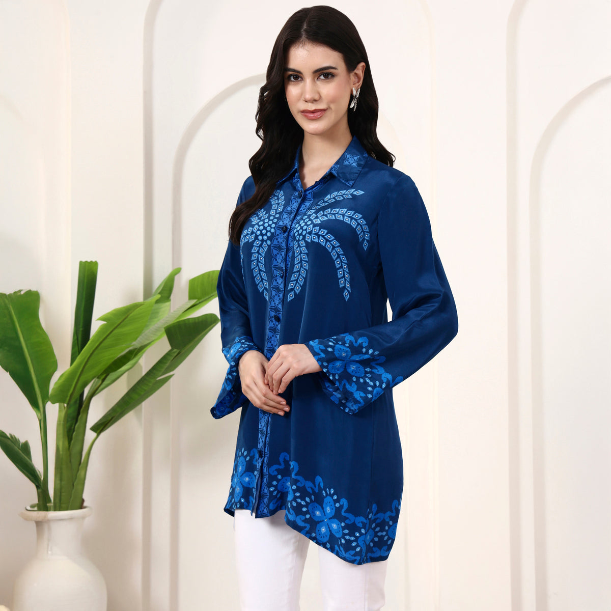 Blue Floral Print Shirt for Women – Viscose Crepe – Model View | First Resort by Ramola Bachchan
