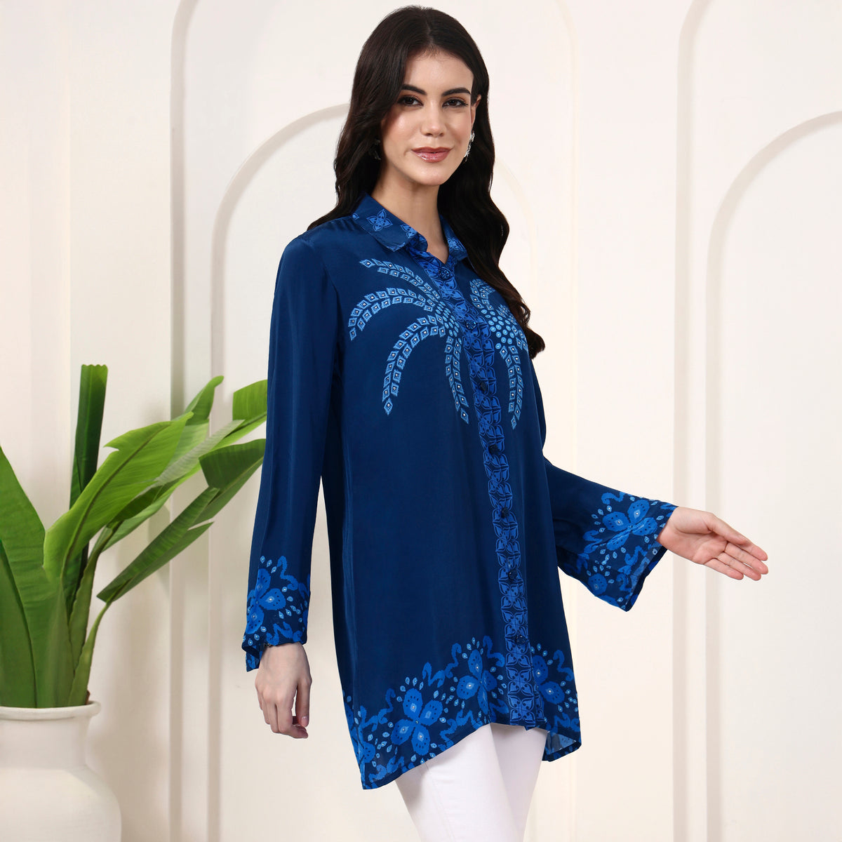 Blue Floral Print Shirt for Women – Viscose Crepe – Side View | First Resort by Ramola Bachchan