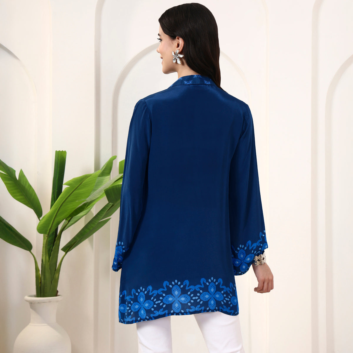 Blue Floral Print Shirt for Women – Viscose Crepe – Detail View | First Resort by Ramola Bachchan