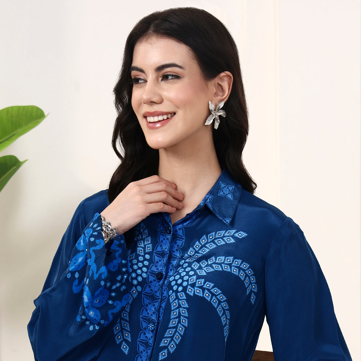 Blue Floral Print Shirt for Women – Viscose Crepe – Back View | First Resort by Ramola Bachchan