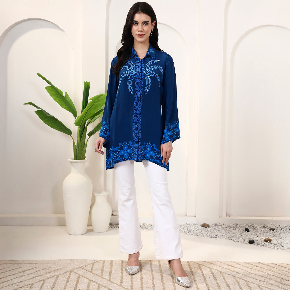 Blue Floral Print Shirt for Women – Viscose Crepe – Close Up | First Resort by Ramola Bachchan