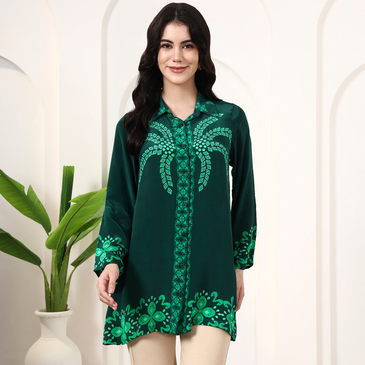 Dark Green Floral Print Shirt for Women – Viscose Crepe | First Resort by Ramola Bachchan
