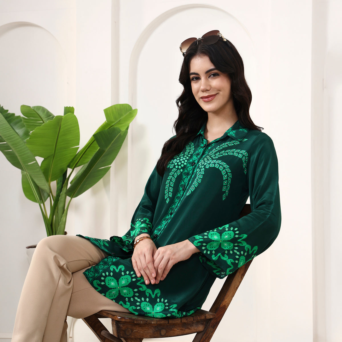 Dark Green Floral Print Shirt for Women – Viscose Crepe – Front View | First Resort by Ramola Bachchan