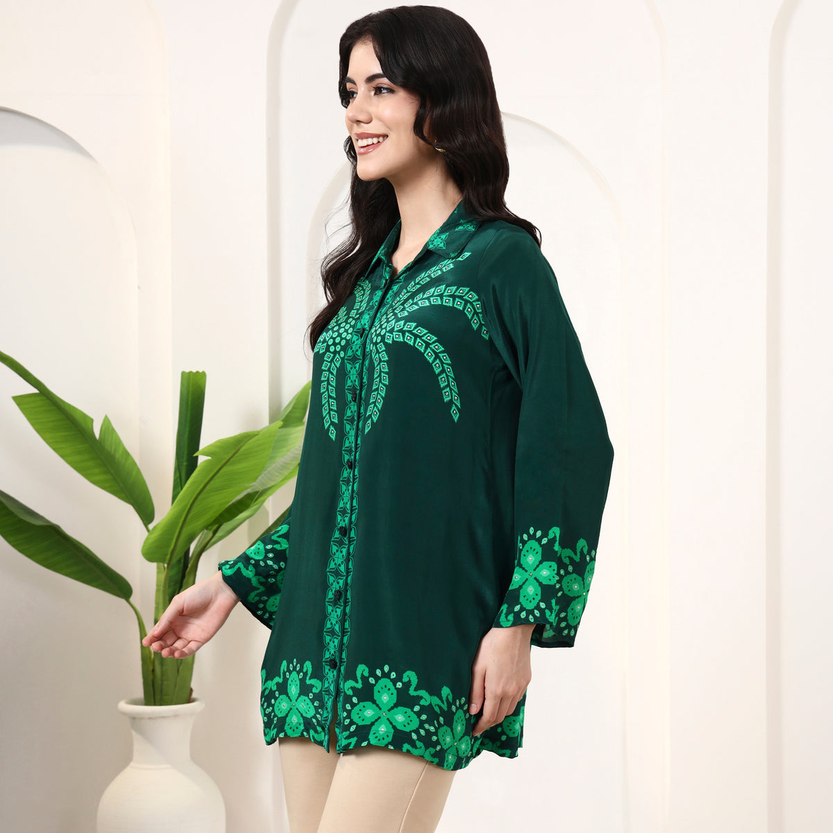Dark Green Floral Print Shirt for Women – Viscose Crepe – Model View | First Resort by Ramola Bachchan