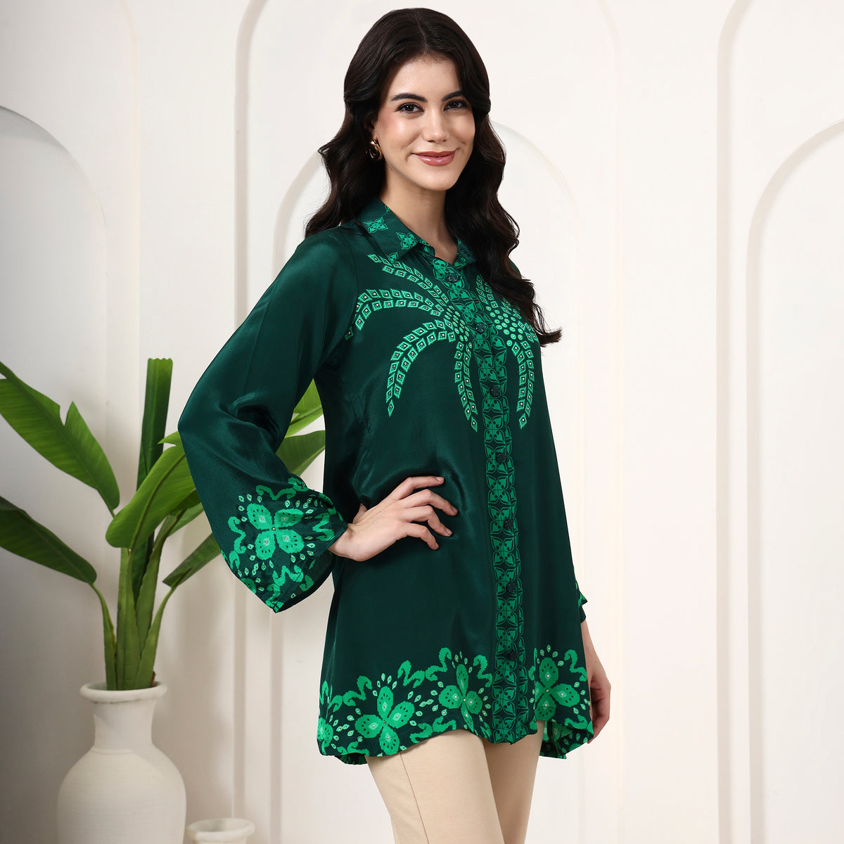Dark Green Floral Print Shirt for Women – Viscose Crepe – Side View | First Resort by Ramola Bachchan