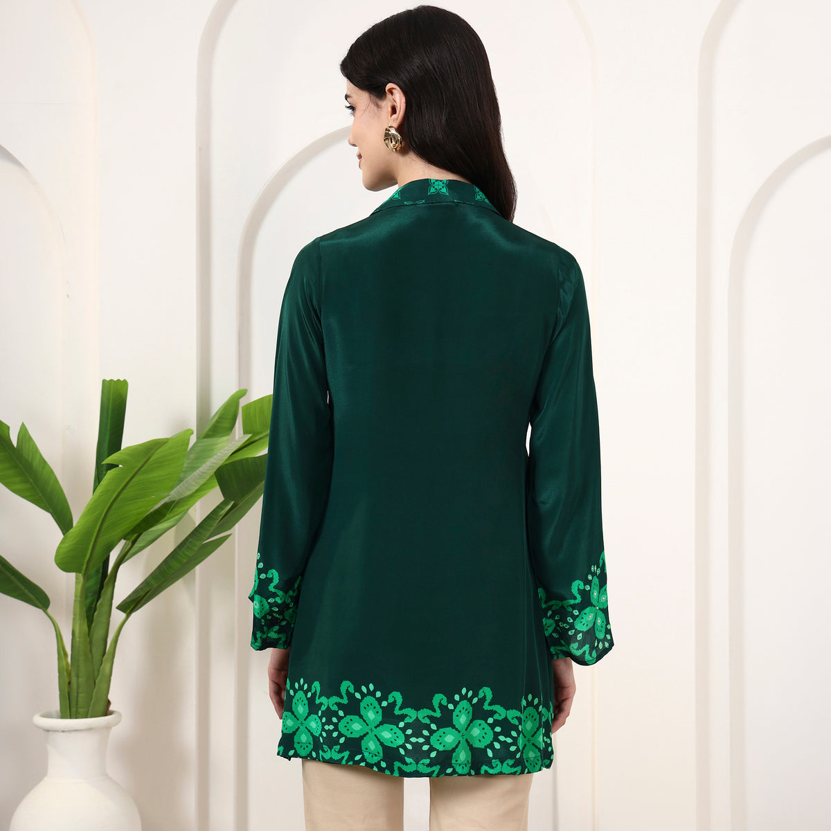 Dark Green Floral Print Shirt for Women – Viscose Crepe – Detail View | First Resort by Ramola Bachchan