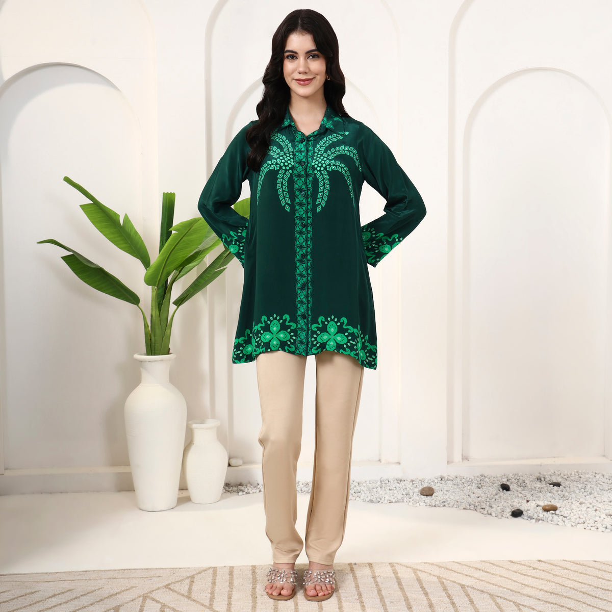 Dark Green Floral Print Shirt for Women – Viscose Crepe – Back View | First Resort by Ramola Bachchan