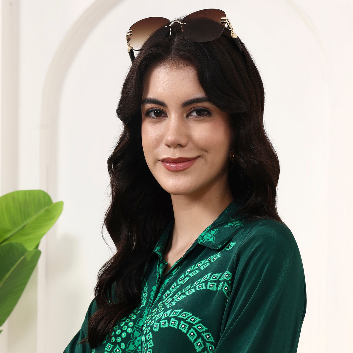 Dark Green Floral Print Shirt for Women – Viscose Crepe – Close Up | First Resort by Ramola Bachchan