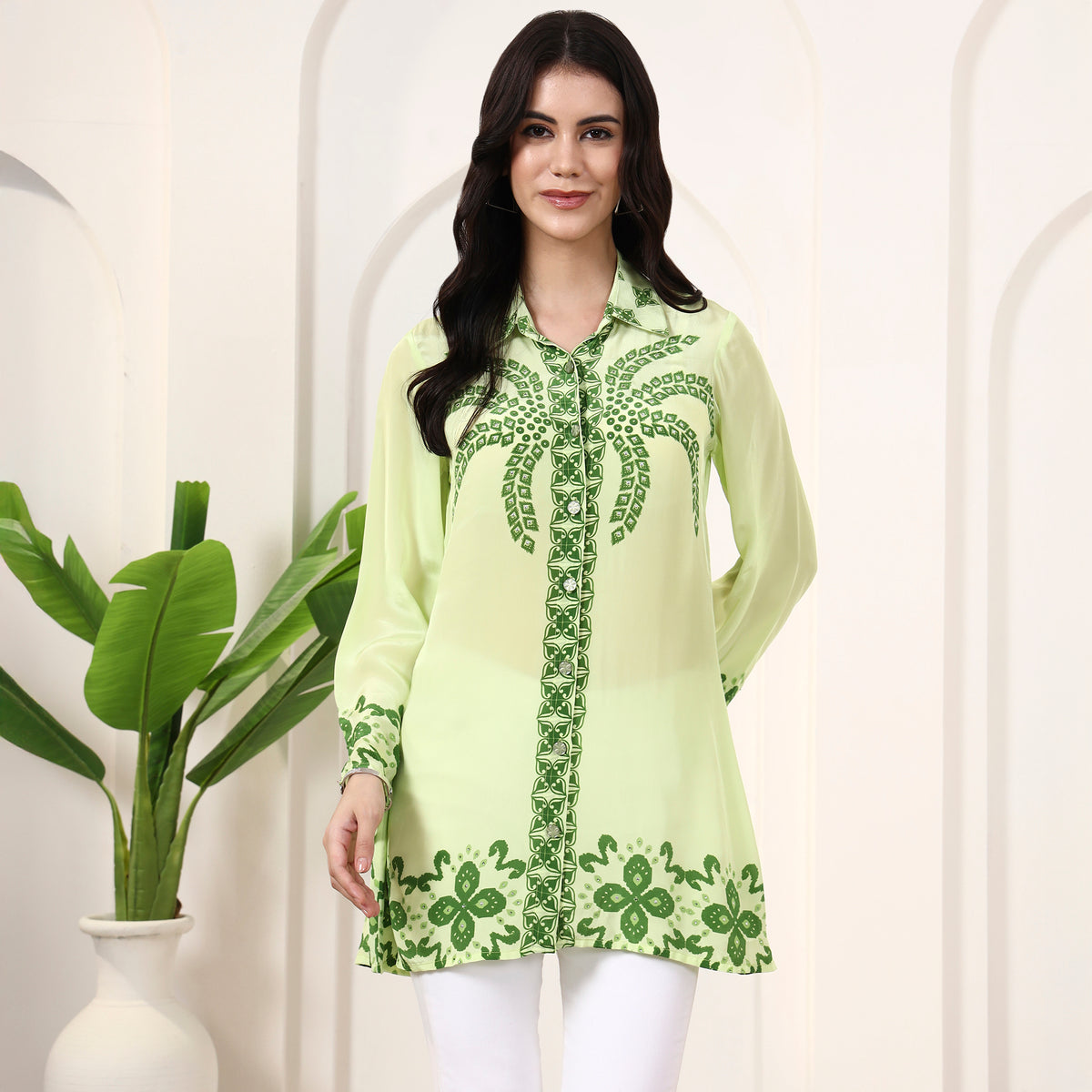 Lime Green Floral Print Shirt for Women – Viscose Crepe | First Resort by Ramola Bachchan