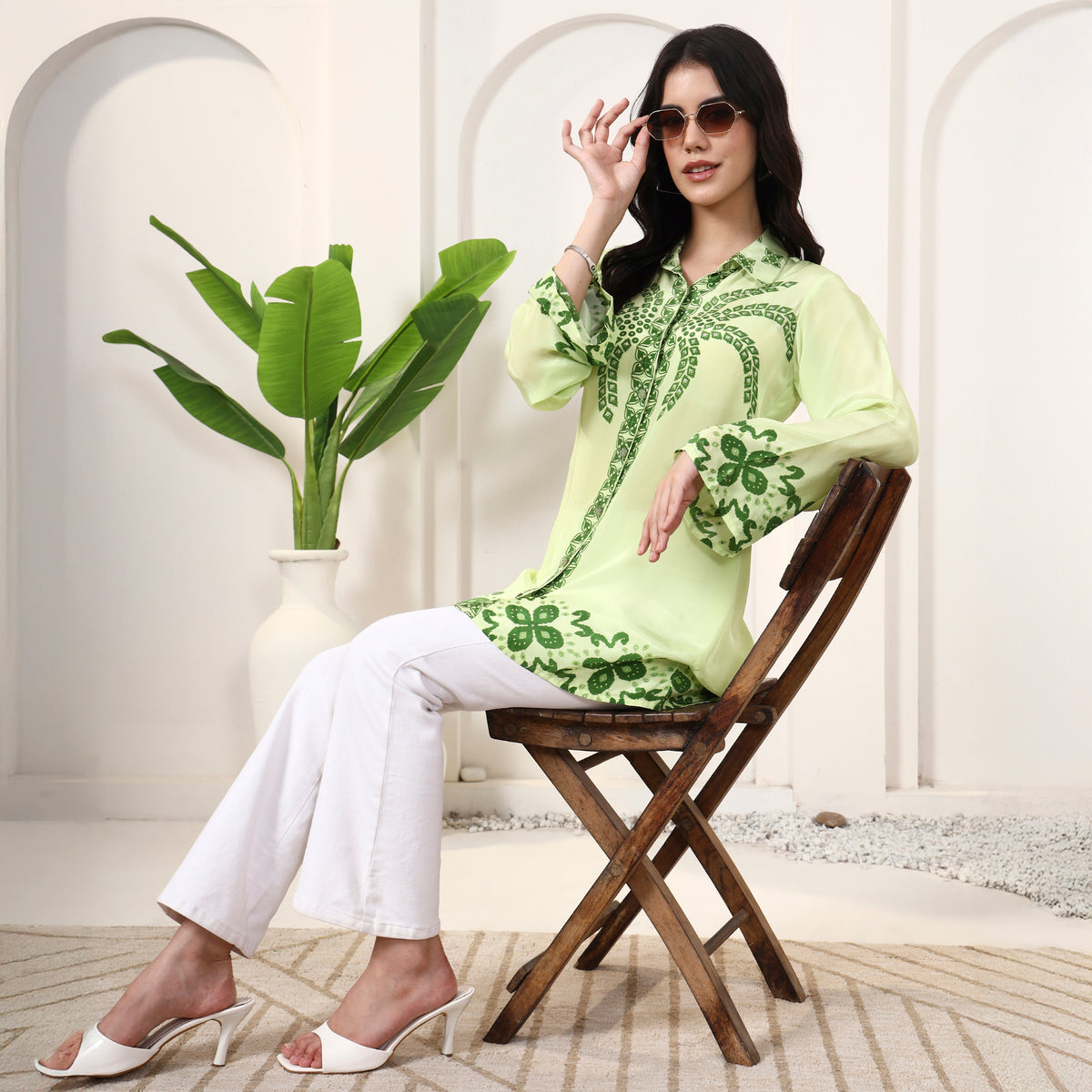 Lime Green Floral Print Shirt for Women – Viscose Crepe – Front View | First Resort by Ramola Bachchan