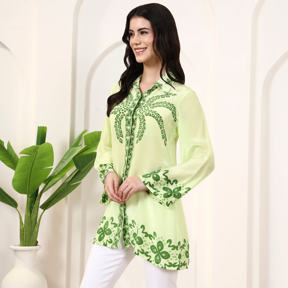 Lime Green Floral Print Shirt for Women – Viscose Crepe – Model View | First Resort by Ramola Bachchan