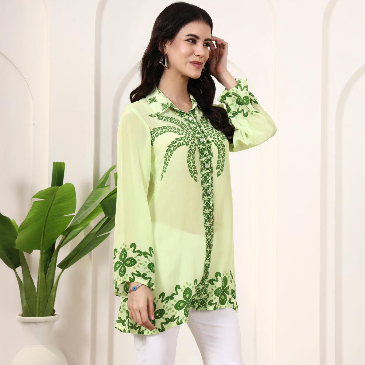 Lime Green Floral Print Shirt for Women – Viscose Crepe – Side View | First Resort by Ramola Bachchan