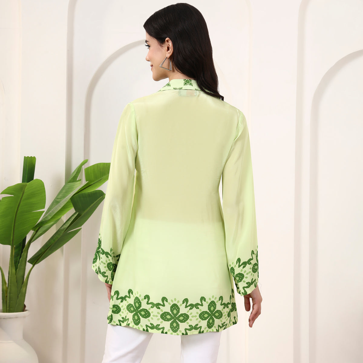 Lime Green Floral Print Shirt for Women – Viscose Crepe – Detail View | First Resort by Ramola Bachchan