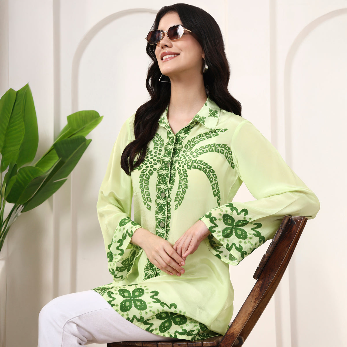 Lime Green Floral Print Shirt for Women – Viscose Crepe – Back View | First Resort by Ramola Bachchan