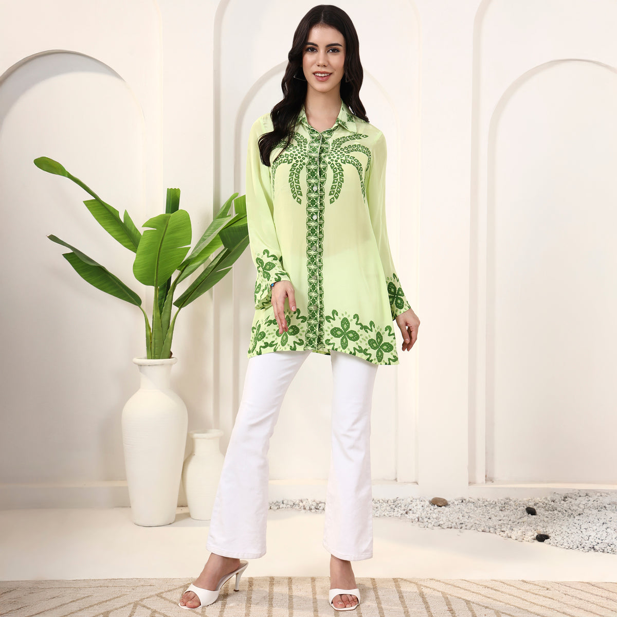 Lime Green Floral Print Shirt for Women – Viscose Crepe – Close Up | First Resort by Ramola Bachchan