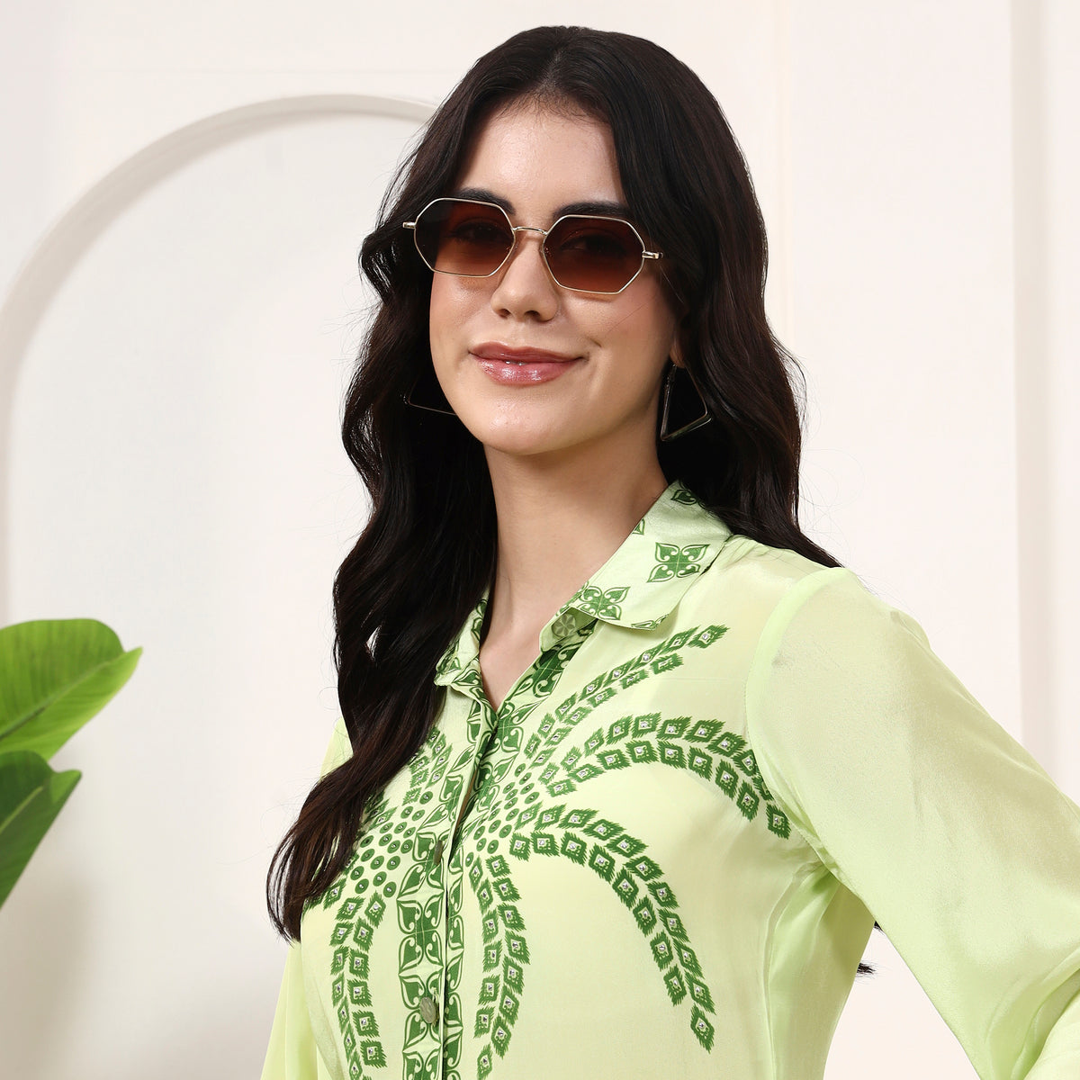 Lime Green Floral Print Shirt for Women – Viscose Crepe | First Resort by Ramola Bachchan