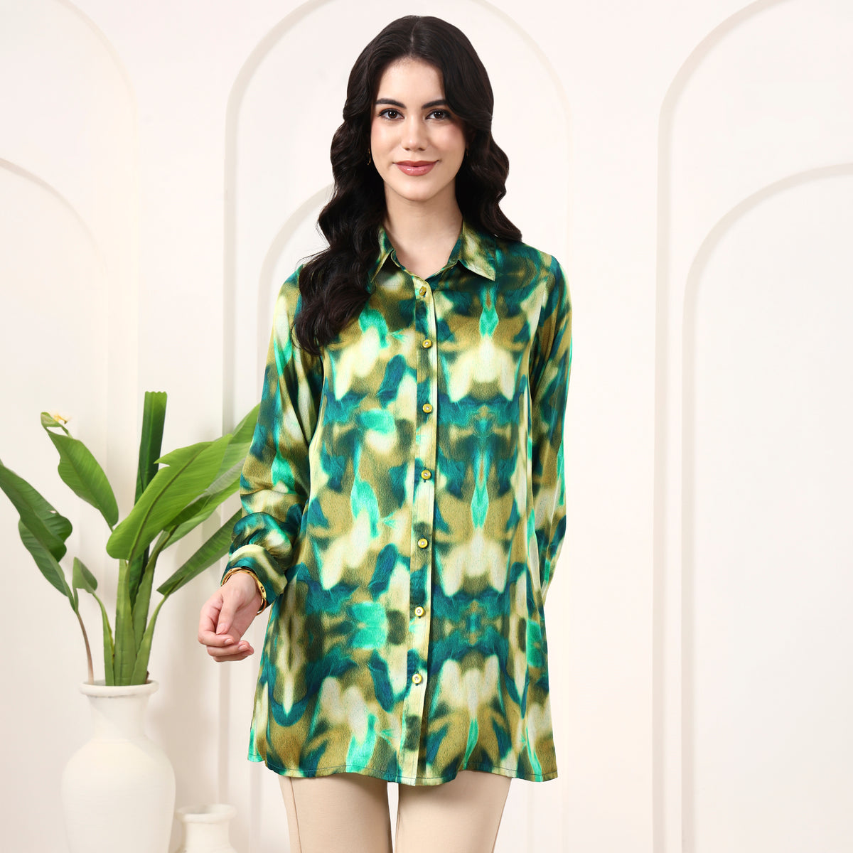 Green Abstract Print Shirt for Women – Bamberg Modal Satin | First Resort by Ramola Bachchan