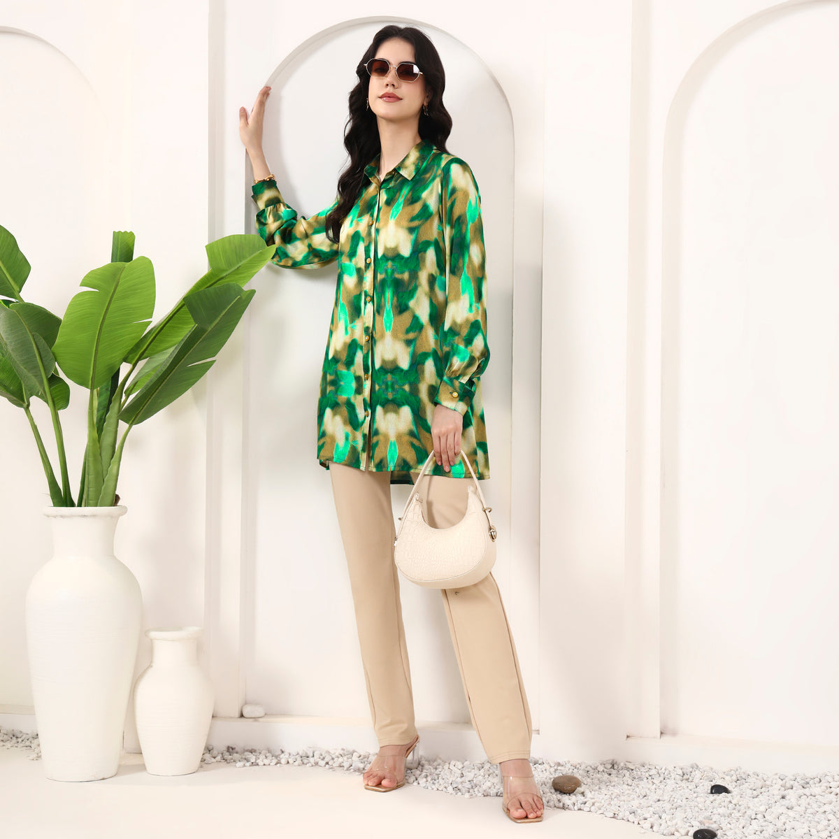 Green Abstract Print Shirt for Women – Bamberg Modal Satin – Front View | First Resort by Ramola Bachchan