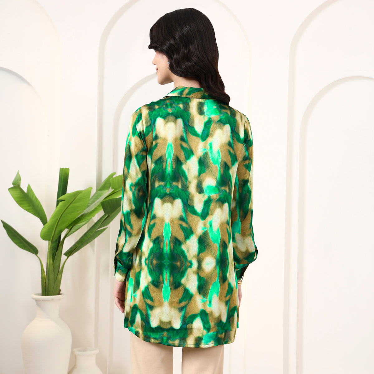 Green Abstract Print Shirt for Women – Bamberg Modal Satin – Detail View | First Resort by Ramola Bachchan