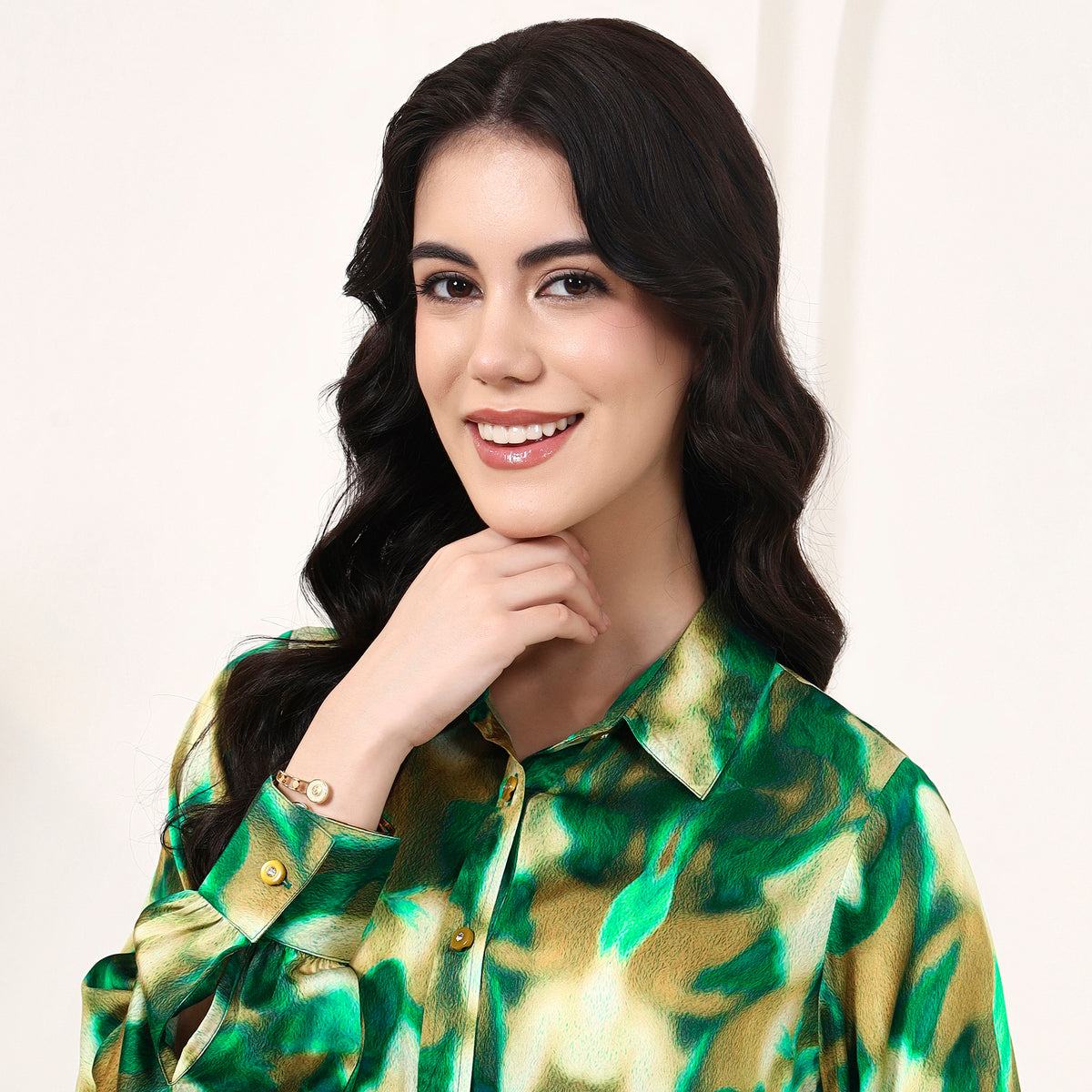 Green Abstract Print Shirt for Women – Bamberg Modal Satin – Back View | First Resort by Ramola Bachchan