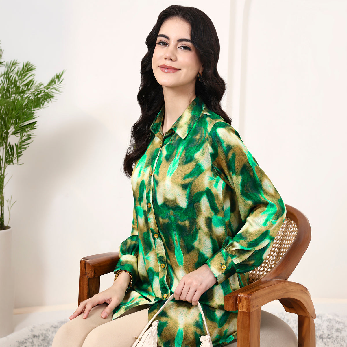 Green Abstract Print Shirt for Women – Bamberg Modal Satin – Close Up | First Resort by Ramola Bachchan