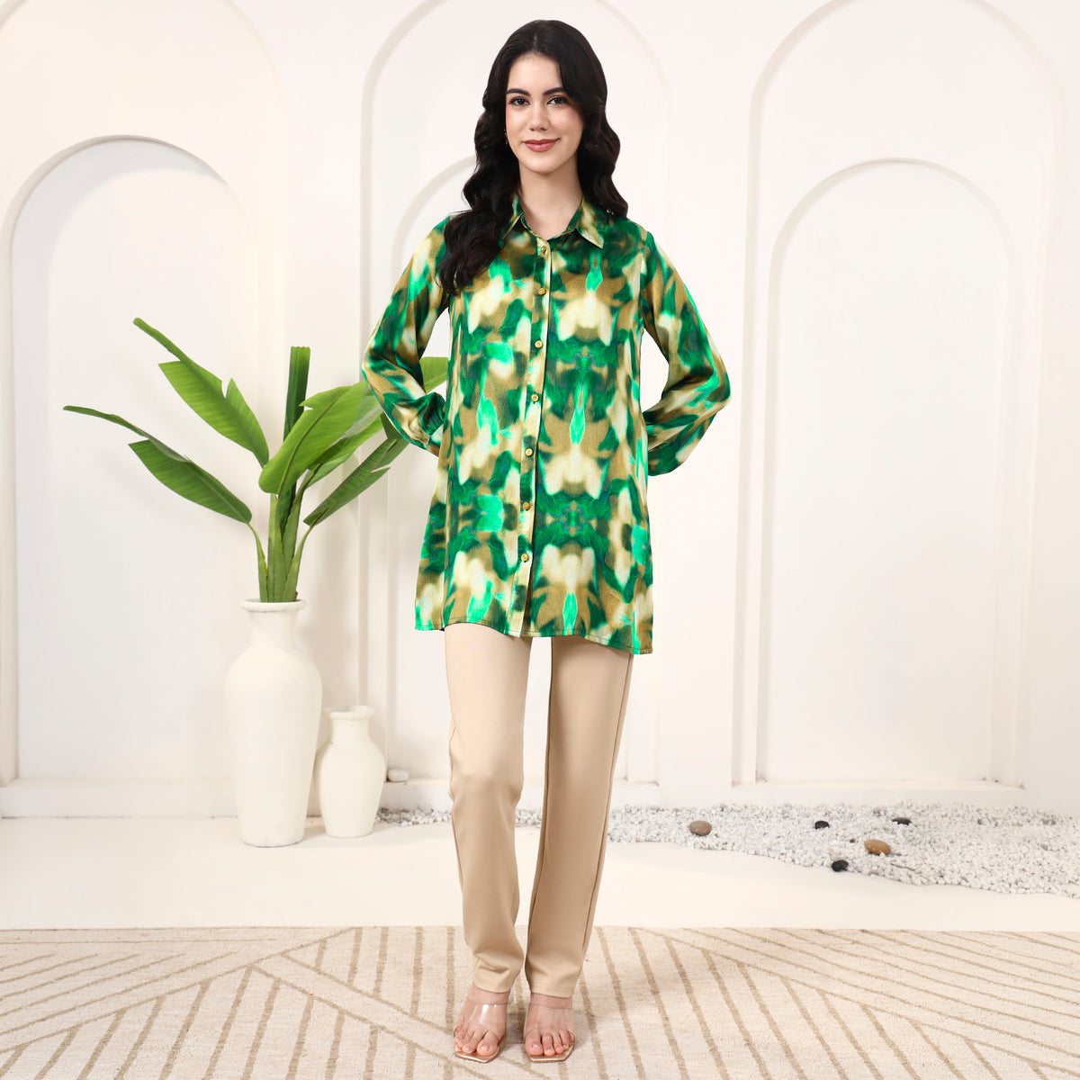 Green Abstract Print Shirt for Women – Bamberg Modal Satin | First Resort by Ramola Bachchan