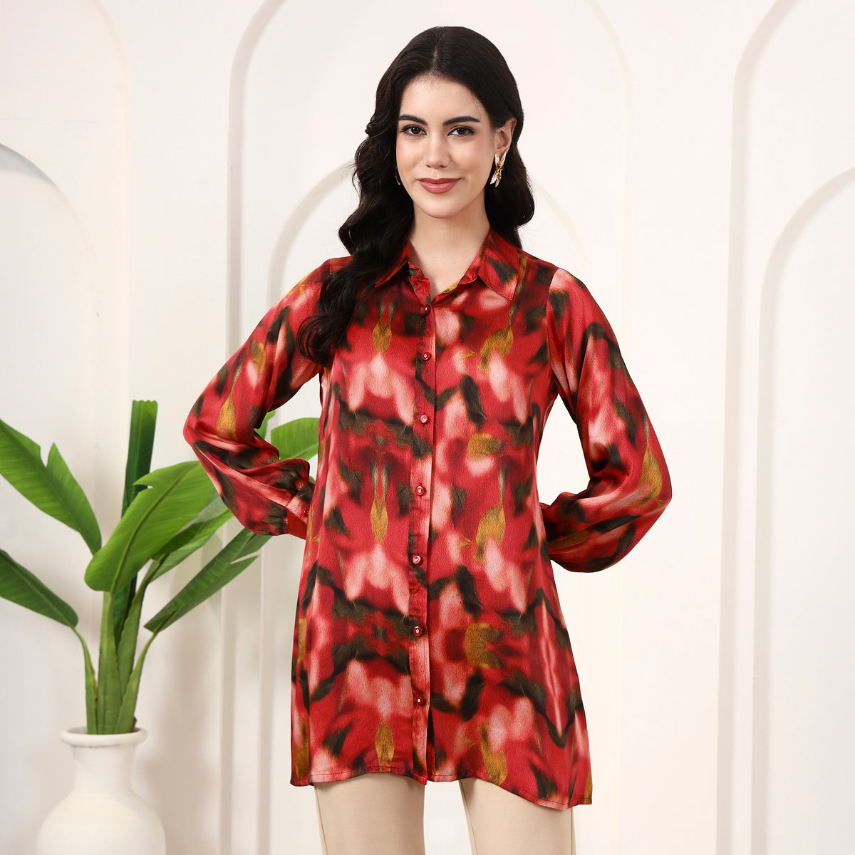 Red Abstract Print Shirt for Women – Bamberg Modal Satin | First Resort by Ramola Bachchan