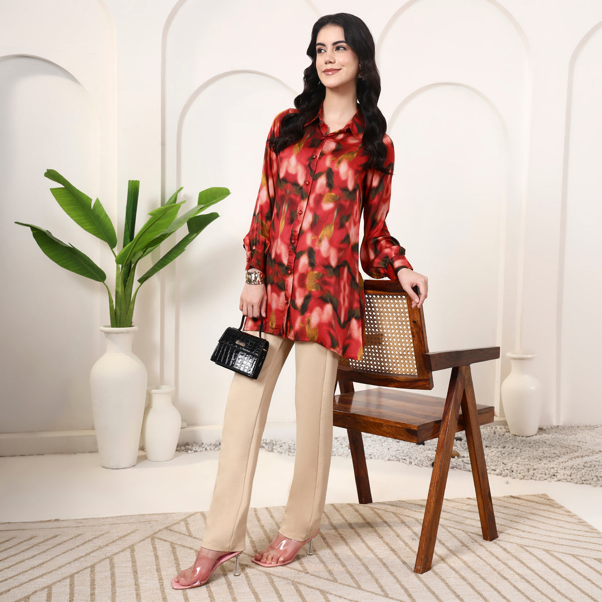 Red Abstract Print Shirt for Women – Bamberg Modal Satin – Front View | First Resort by Ramola Bachchan