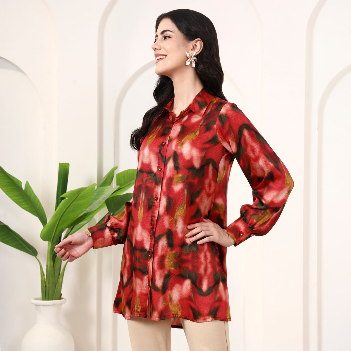Red Abstract Print Shirt for Women – Bamberg Modal Satin – Model View | First Resort by Ramola Bachchan