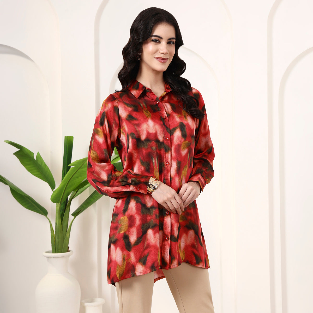 Red Abstract Print Shirt for Women – Bamberg Modal Satin – Side View | First Resort by Ramola Bachchan