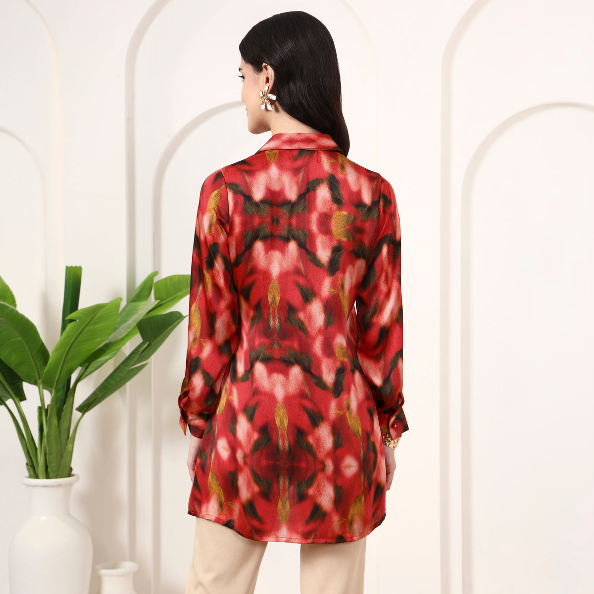 Red Abstract Print Shirt for Women – Bamberg Modal Satin – Detail View | First Resort by Ramola Bachchan