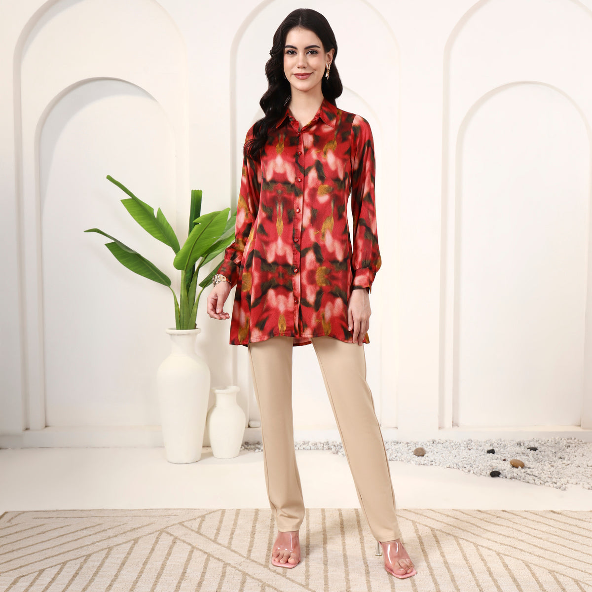 Red Abstract Print Shirt for Women – Bamberg Modal Satin – Close Up | First Resort by Ramola Bachchan