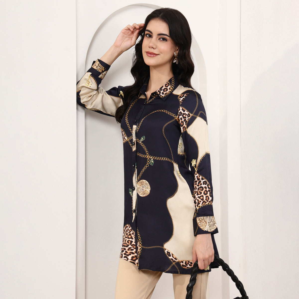 Black Jewel Print Shirt for Women – Bamberg Modal Satin – Front View | First Resort by Ramola Bachchan