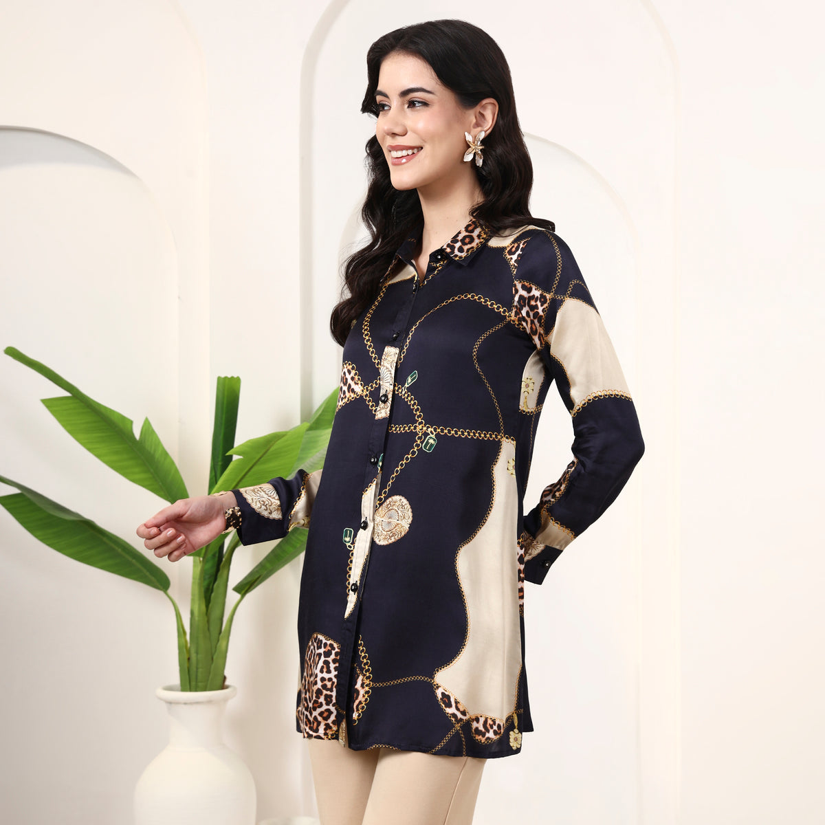 Black Jewel Print Shirt for Women – Bamberg Modal Satin – Model View | First Resort by Ramola Bachchan