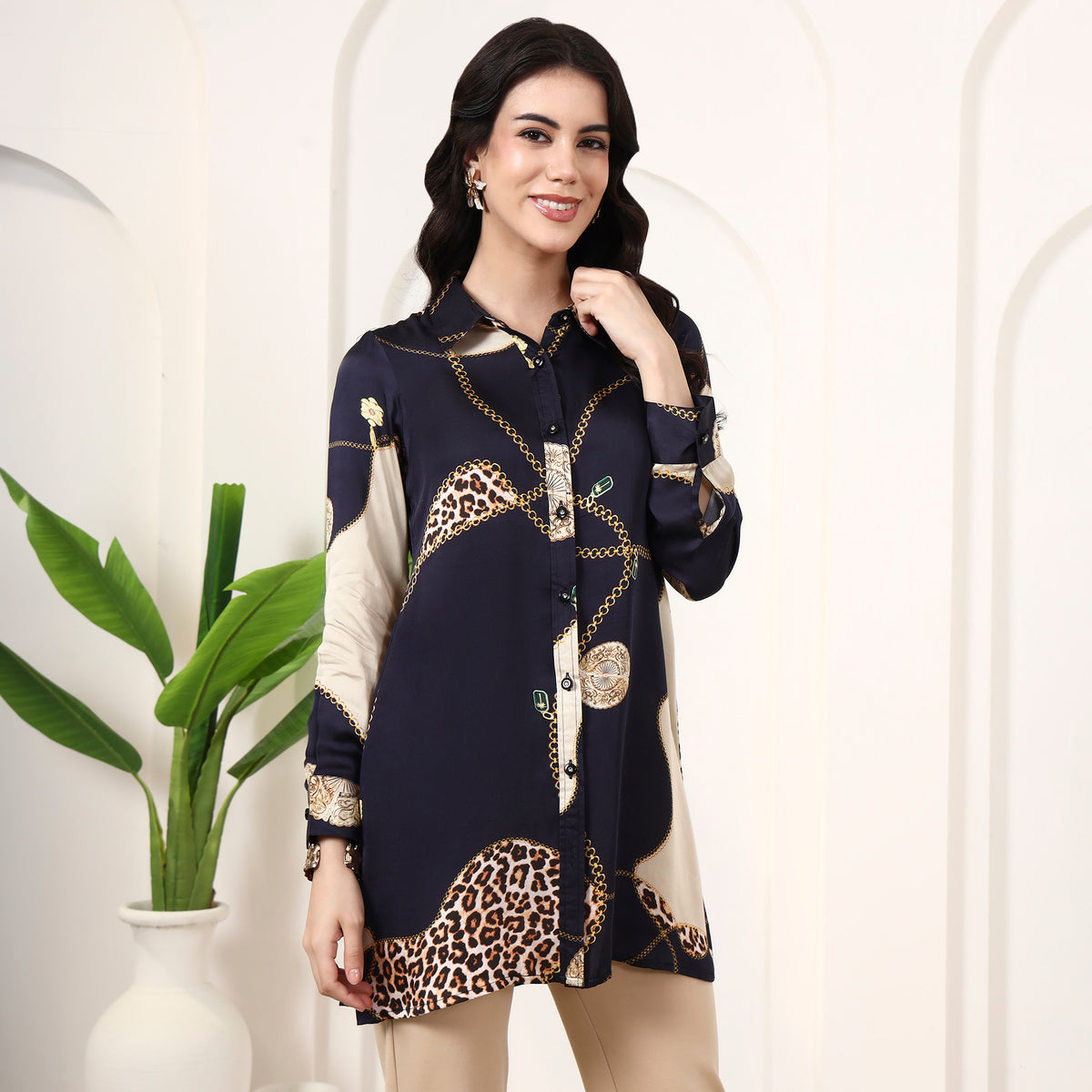 Black Jewel Print Shirt for Women – Bamberg Modal Satin – Side View | First Resort by Ramola Bachchan