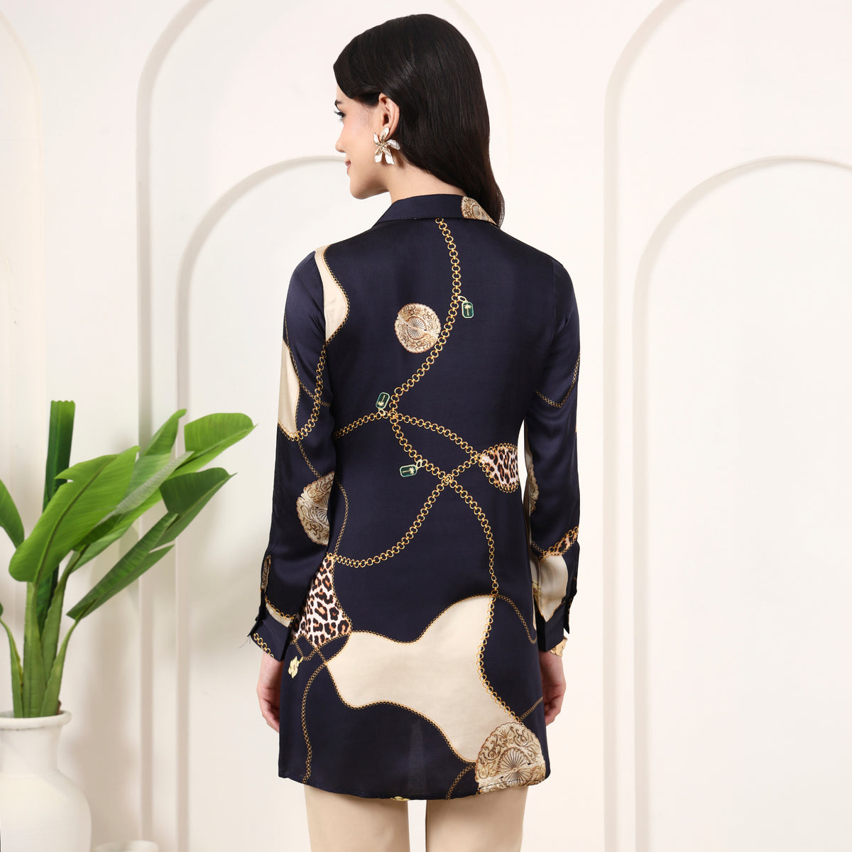 Black Jewel Print Shirt for Women – Bamberg Modal Satin – Detail View | First Resort by Ramola Bachchan