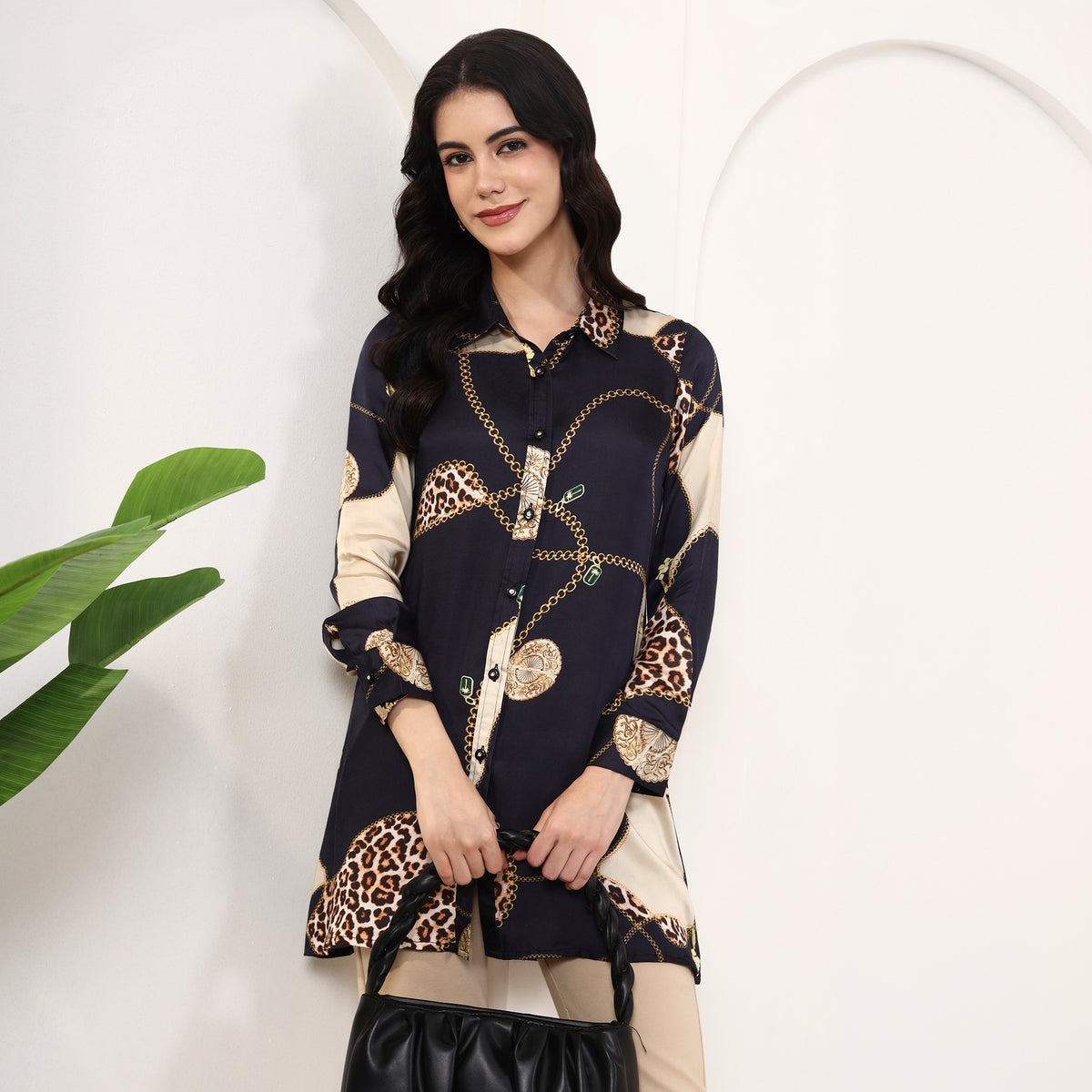 Black Jewel Print Shirt for Women – Bamberg Modal Satin – Back View | First Resort by Ramola Bachchan
