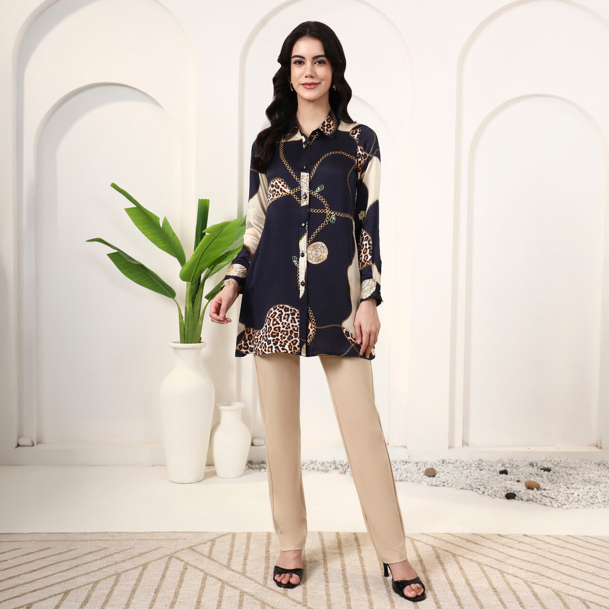 Black Jewel Print Shirt for Women – Bamberg Modal Satin – Close Up | First Resort by Ramola Bachchan