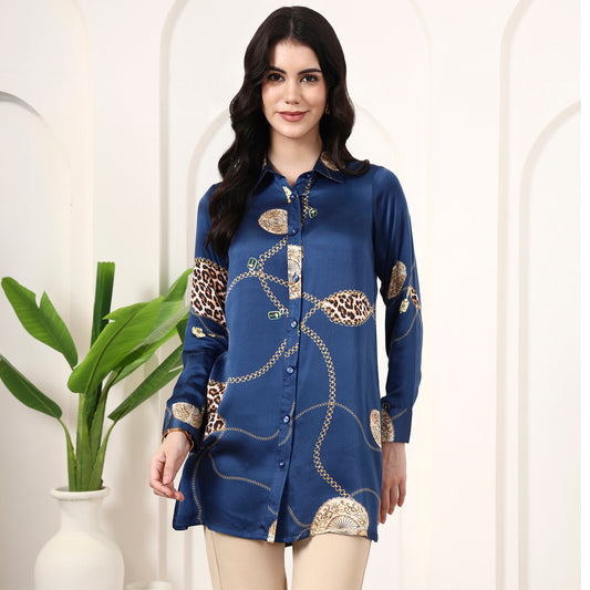 Blue Jewel Print Shirt for Women – Bamberg Modal Satin | First Resort by Ramola Bachchan
