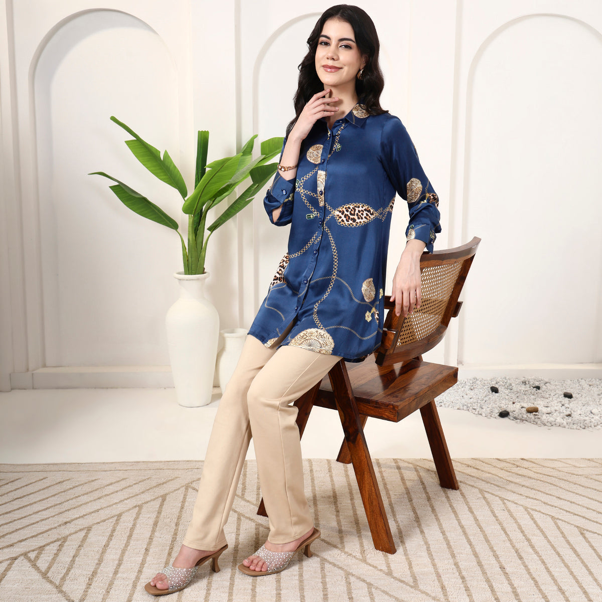 Blue Jewel Print Shirt for Women – Bamberg Modal Satin – Front View | First Resort by Ramola Bachchan