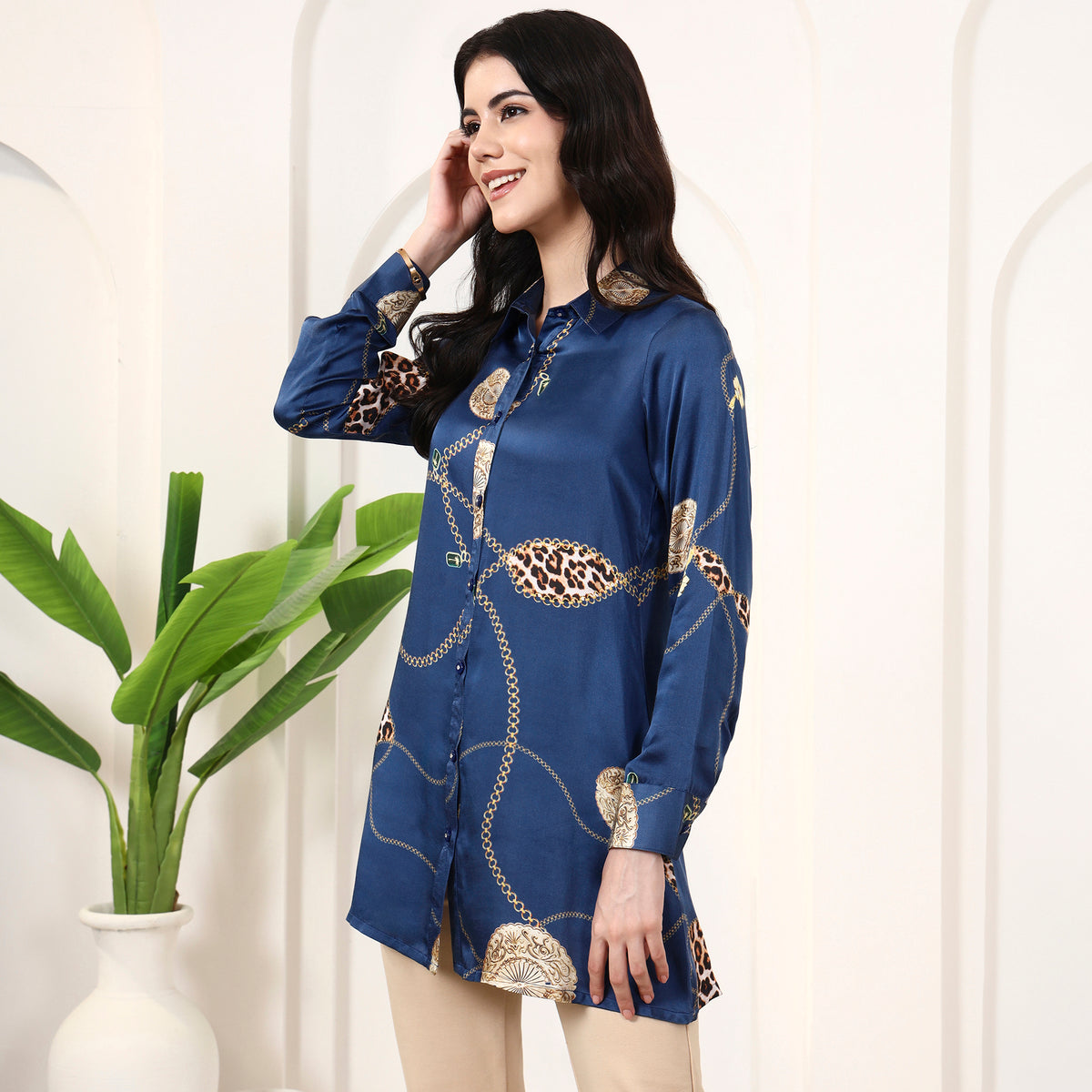 Blue Jewel Print Shirt for Women – Bamberg Modal Satin – Model View | First Resort by Ramola Bachchan