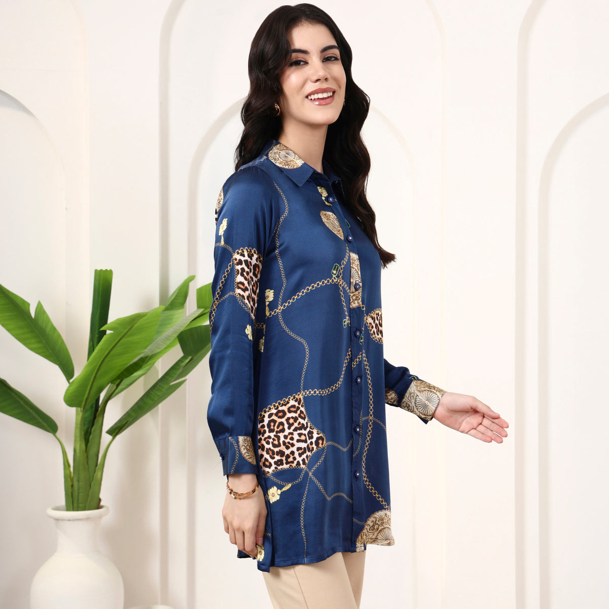 Blue Jewel Print Shirt for Women – Bamberg Modal Satin – Side View | First Resort by Ramola Bachchan