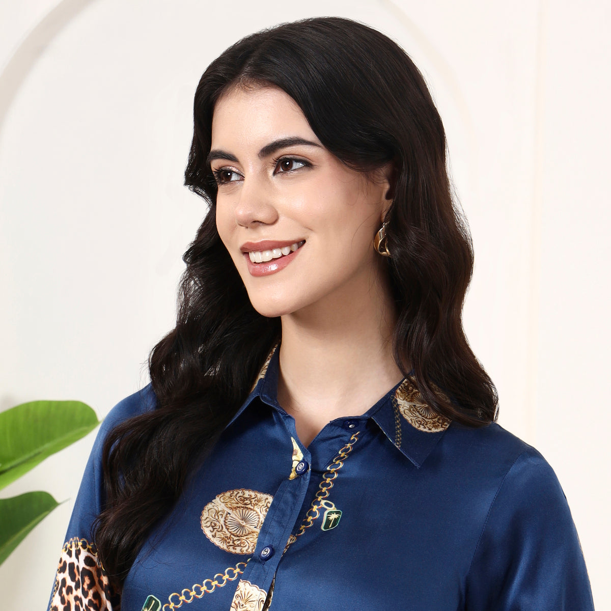 Blue Jewel Print Shirt for Women – Bamberg Modal Satin – Back View | First Resort by Ramola Bachchan