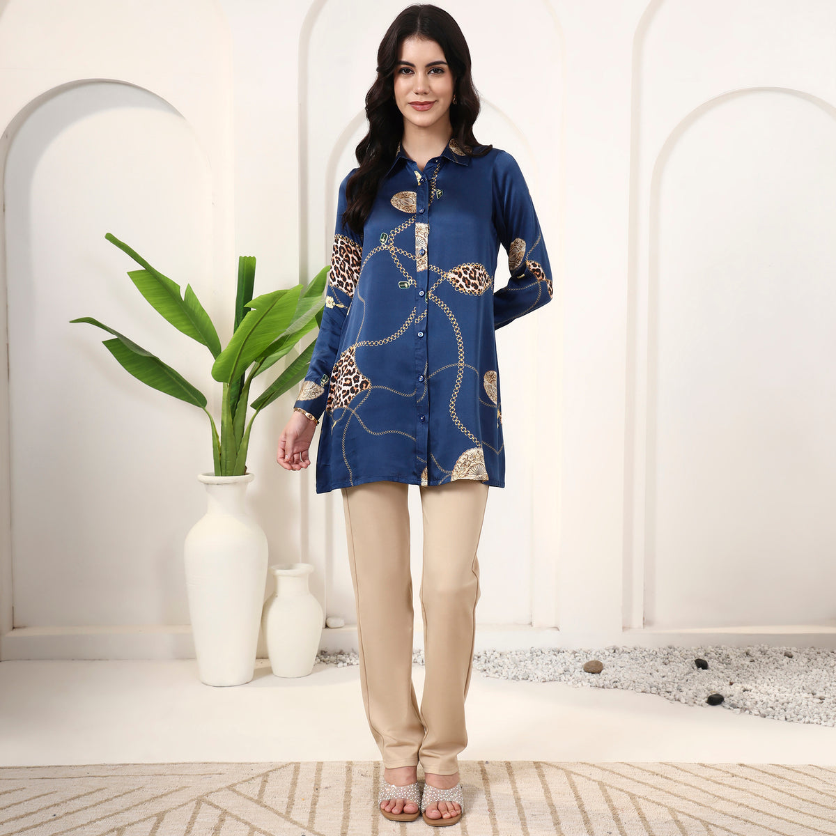 Blue Jewel Print Shirt for Women – Bamberg Modal Satin – Close Up | First Resort by Ramola Bachchan