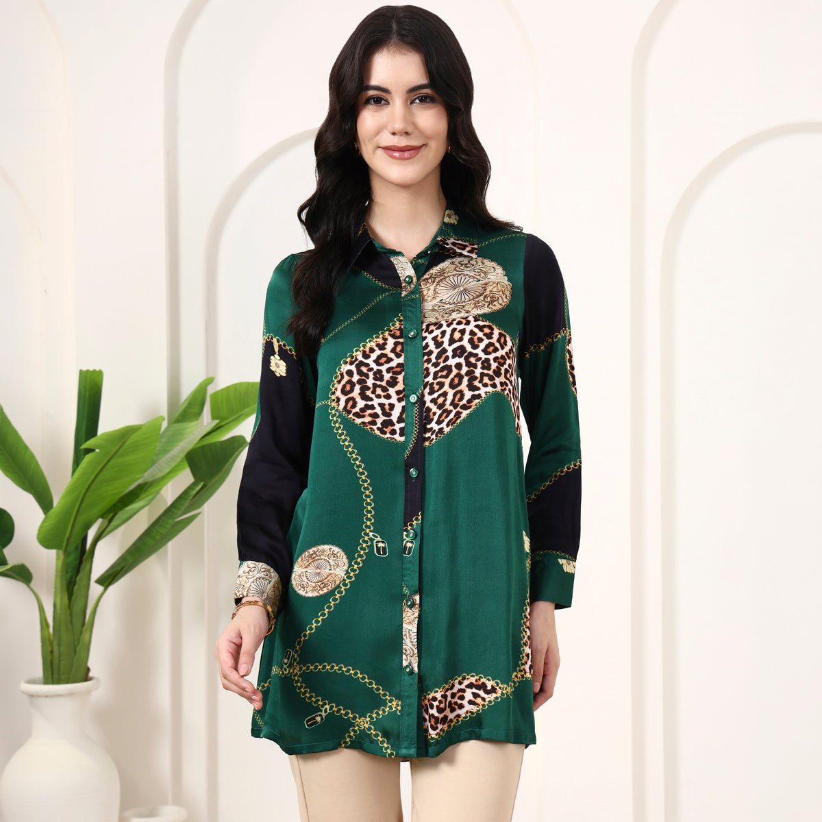 Green Jewel Print Shirt for Women – Bamberg Modal Satin | First Resort by Ramola Bachchan