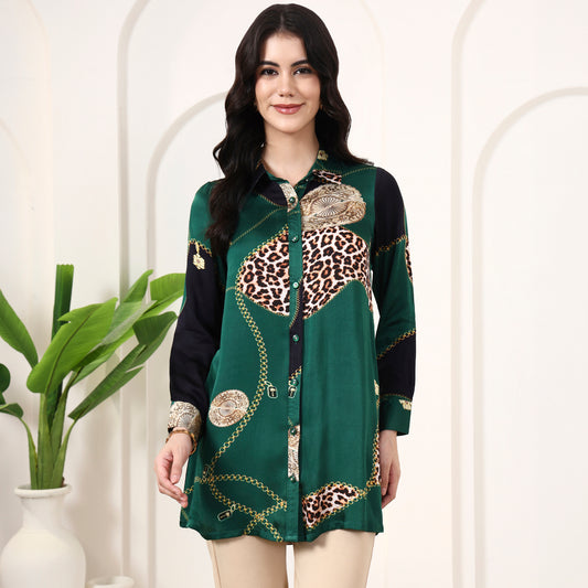 Green Jewel Print Shirt for Women – Bamberg Modal Satin | First Resort by Ramola Bachchan