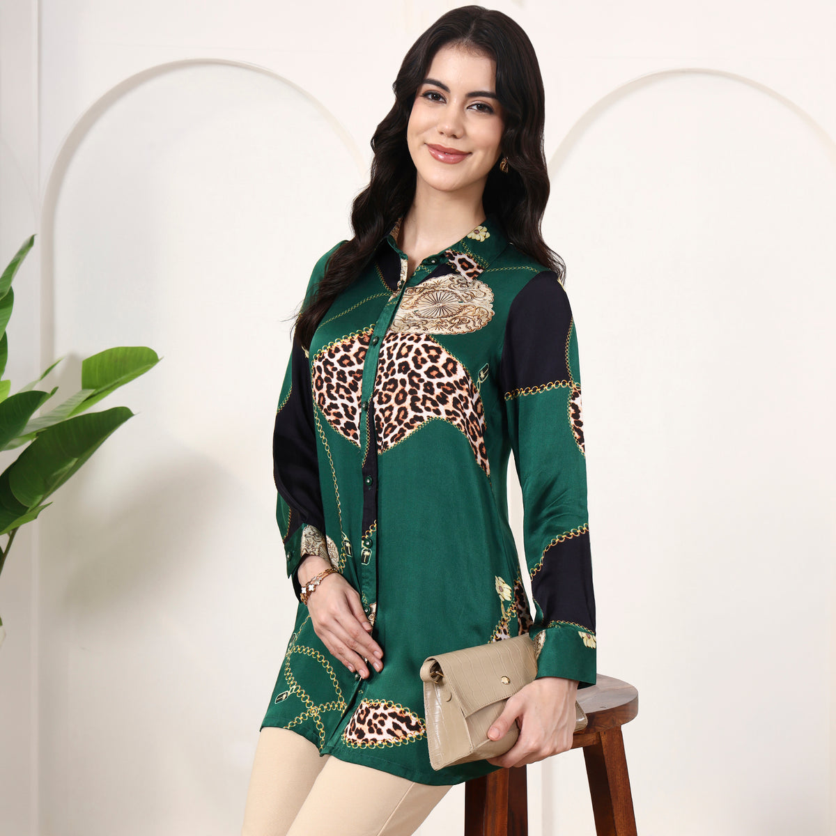 Green Jewel Print Shirt for Women – Bamberg Modal Satin – Front View | First Resort by Ramola Bachchan